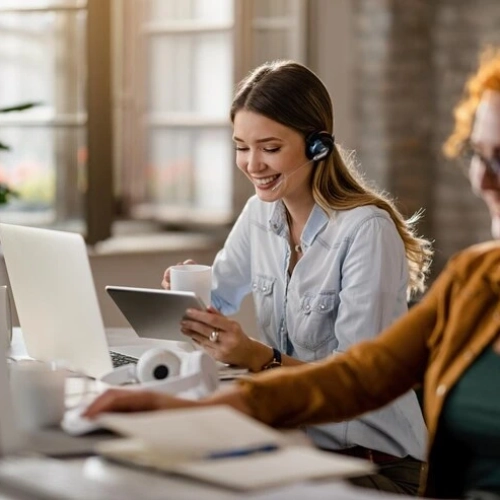 happy-female-entrepreneur-with-headset-drinking-coffee-while-surfing-net-touchpad-office_637285-1983